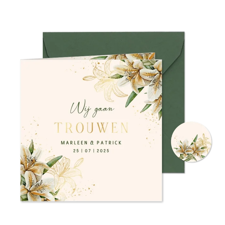 Trouwkaart witte lelie met goudfolie