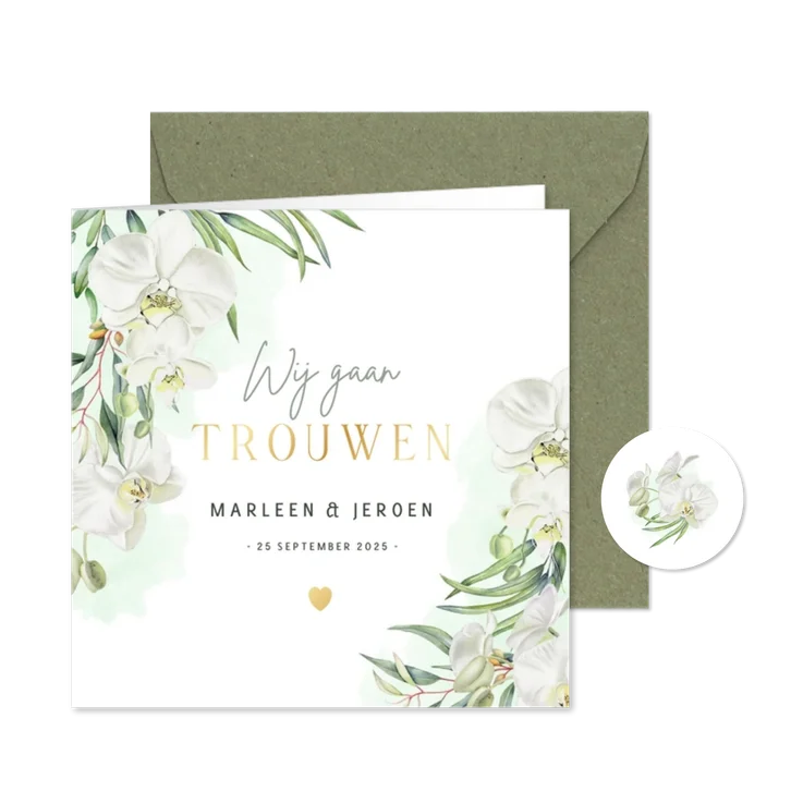 Trouwkaart witte orchideeën eucalyptusblad