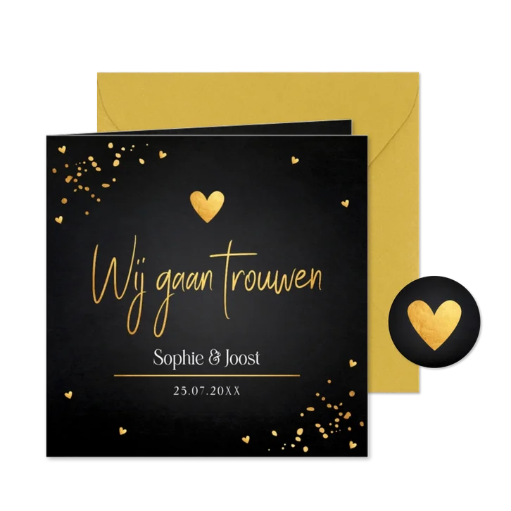 Trouwkaart zwart goudlook hartjes