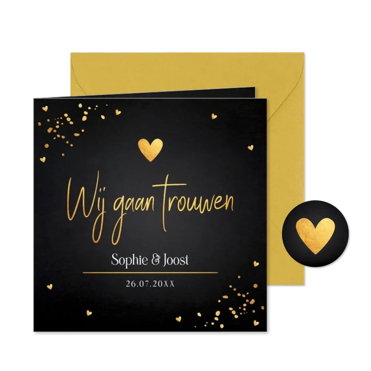 Trouwkaart zwart goudlook hartjes