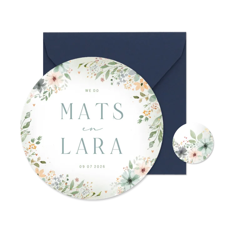 Trouwkaartje met kader van bloemen waterverf in cirkelvorm