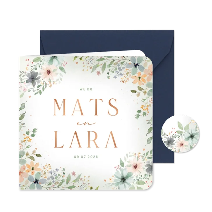 Trouwkaartje met kader van bloemen waterverf zachte kleuren