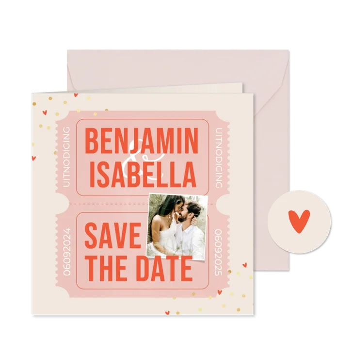 Trouwkaartje save the date roze ticket foto goudfolie