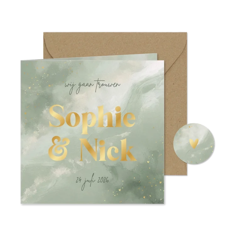 Trouwuitnodiging waterverf lichtgroen met hartjes goud