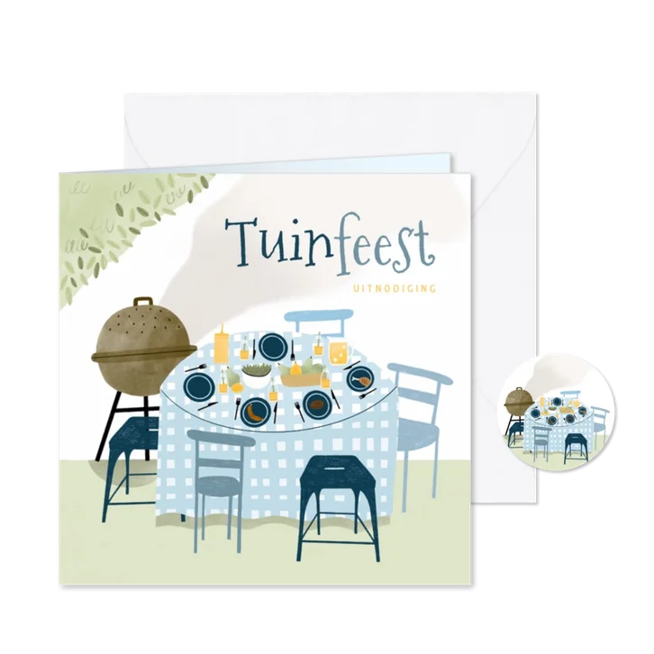 Tuinfeest bbq uitnodiging illustratie tafel buiten blauw