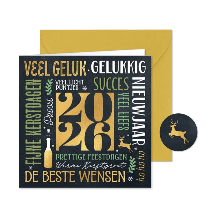 Typografische kerstkaart 2026 op krijtbord