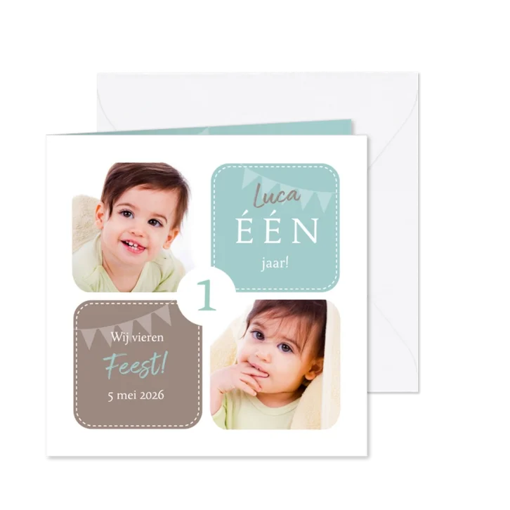Uitnodiging 1 jaar jongen grafisch met foto's