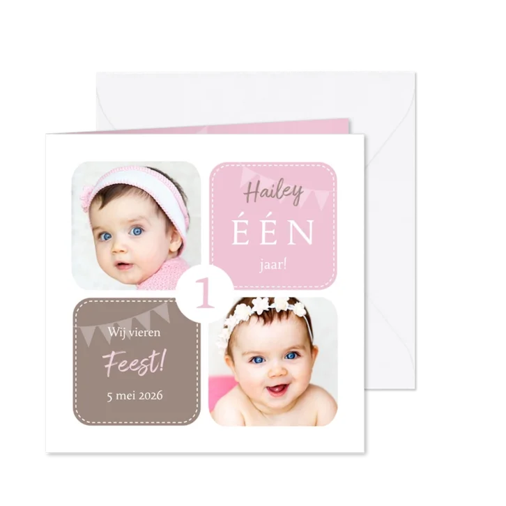 Uitnodiging 1 jaar meisje grafisch met foto's