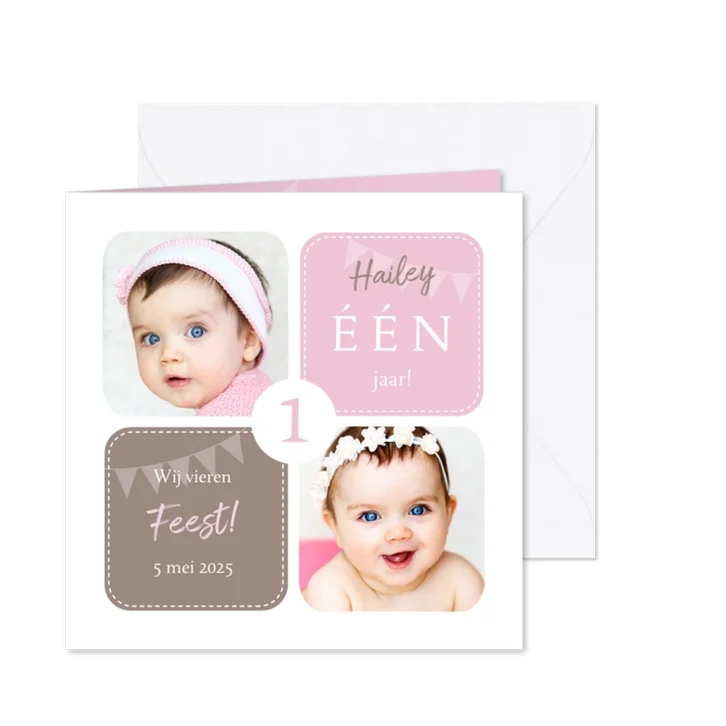 Uitnodiging 1 jaar meisje grafisch met foto's