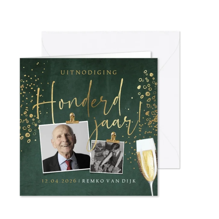 Uitnodiging 100 jaar velvet groen goudlook bubbles champagne
