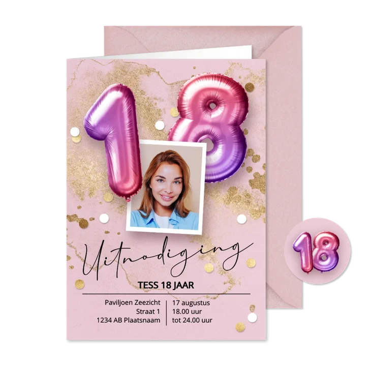 Uitnodiging 18 jaar jongen ballonnen roze