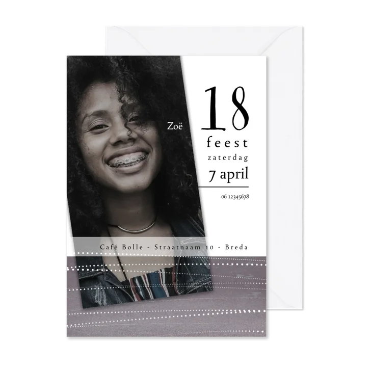 Uitnodiging 18de verjaardag,  witte stippellijnen