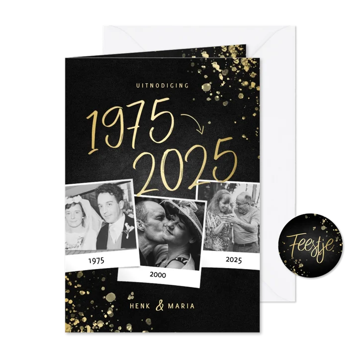 Uitnodiging 1975/2025 jubileum fotocollage met spetters