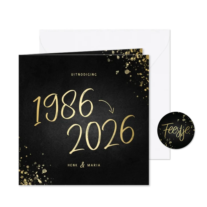 Uitnodiging 1986/2026 jubileum met spetters