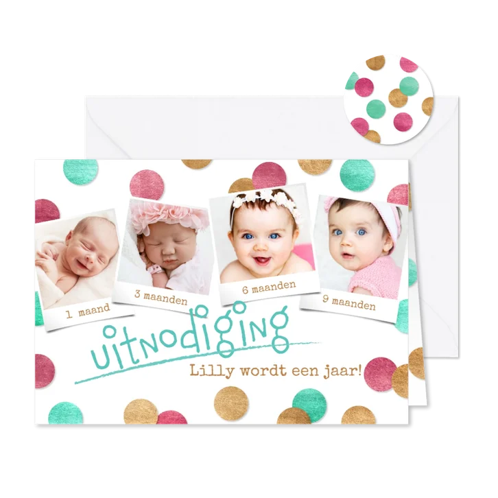 Uitnodiging 1e verjaardag confetti pink & fotocollage