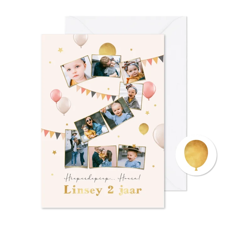 Uitnodiging 2 jaar fotocollage cijfer ballonnen foto's goud