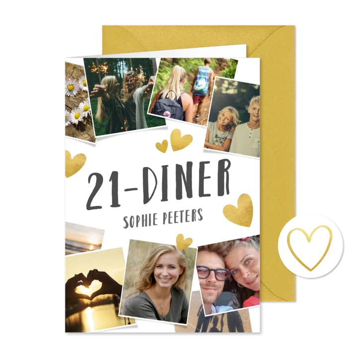 Uitnodiging 21-diner fotocollage met gouden hartjes