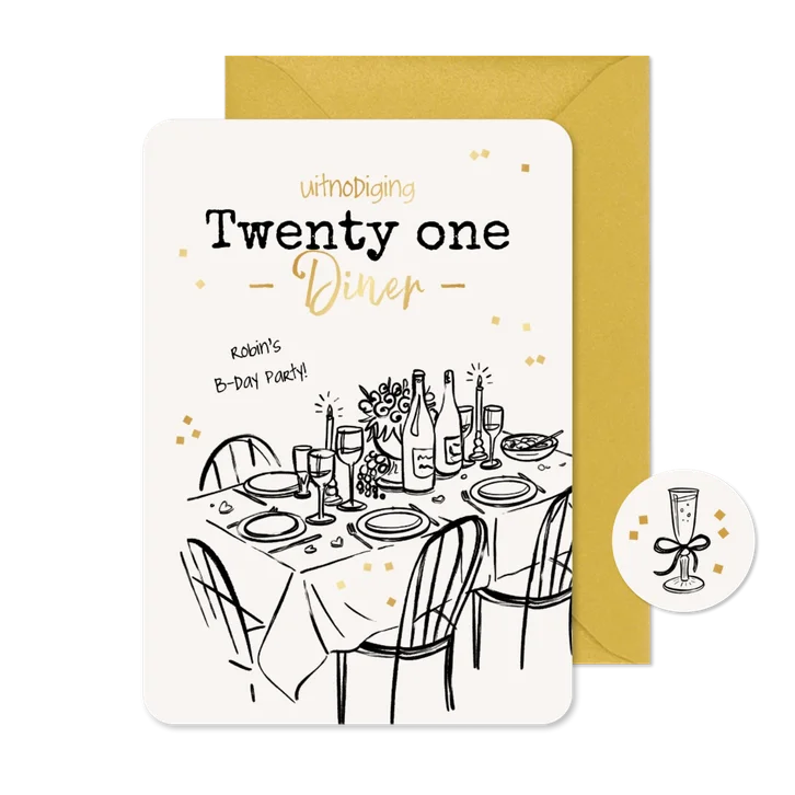 Uitnodiging 21 diner party etentje doodle illustratie goud