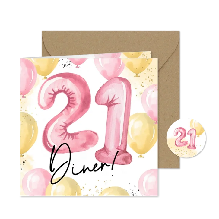 Uitnodiging 21 diner roze gouden ballonnen cijferballon