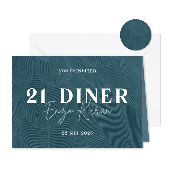 Uitnodiging 21 diner stijlvol blauw met veren