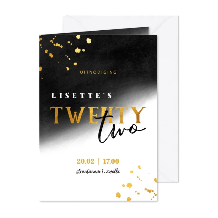 Uitnodiging 22 diner met gouden spetters en waterverf