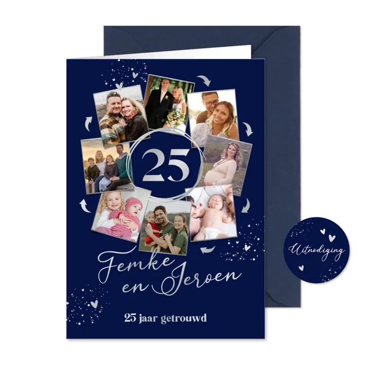 Uitnodiging 25 jaar getrouwd fotocollage in cirkel