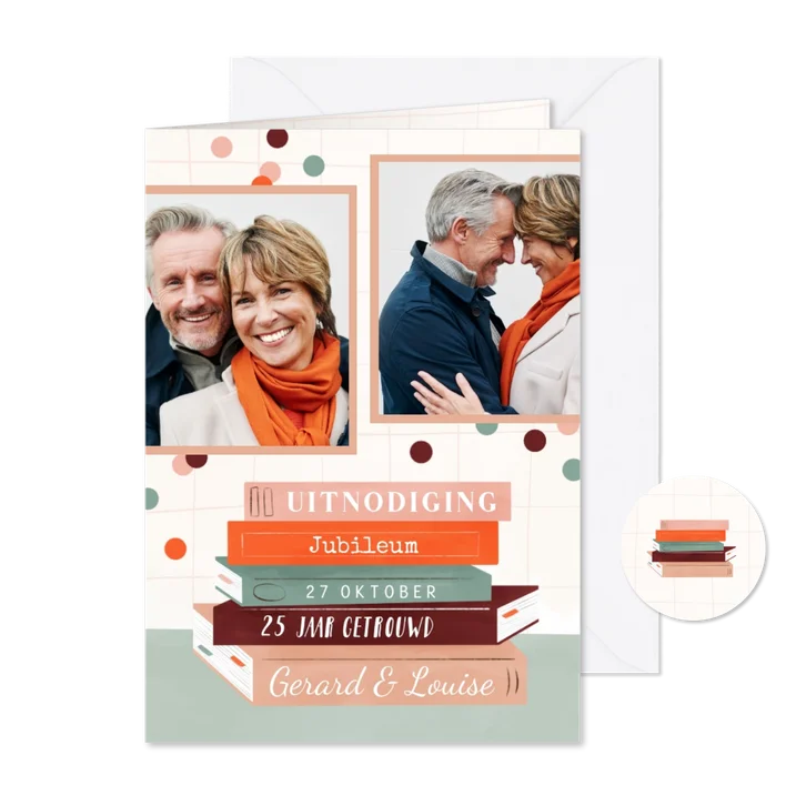 Uitnodiging 25 jaar getrouwd met boeken, confetti en foto's
