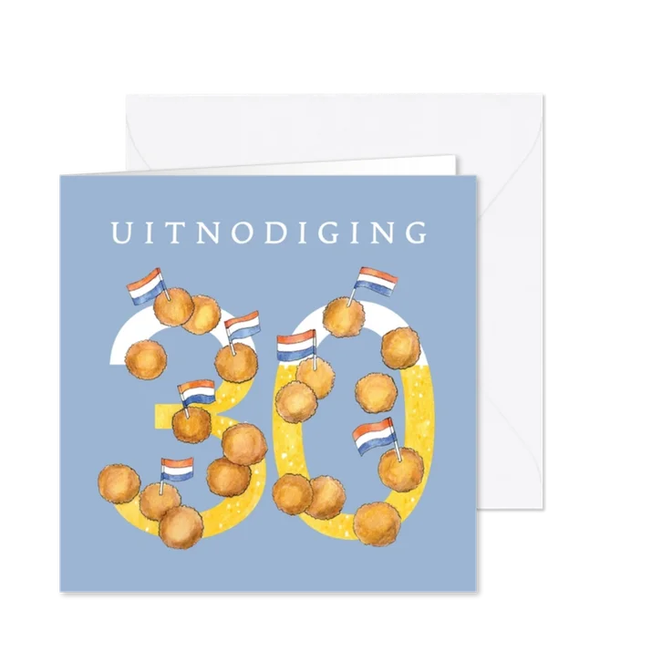 Uitnodiging 30 jaar met illustratie bitterballen en bier