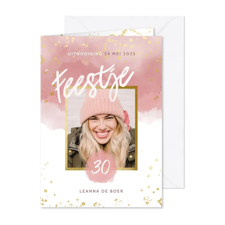 Uitnodiging 30 jaar roze waterverf gouden spetters feestje