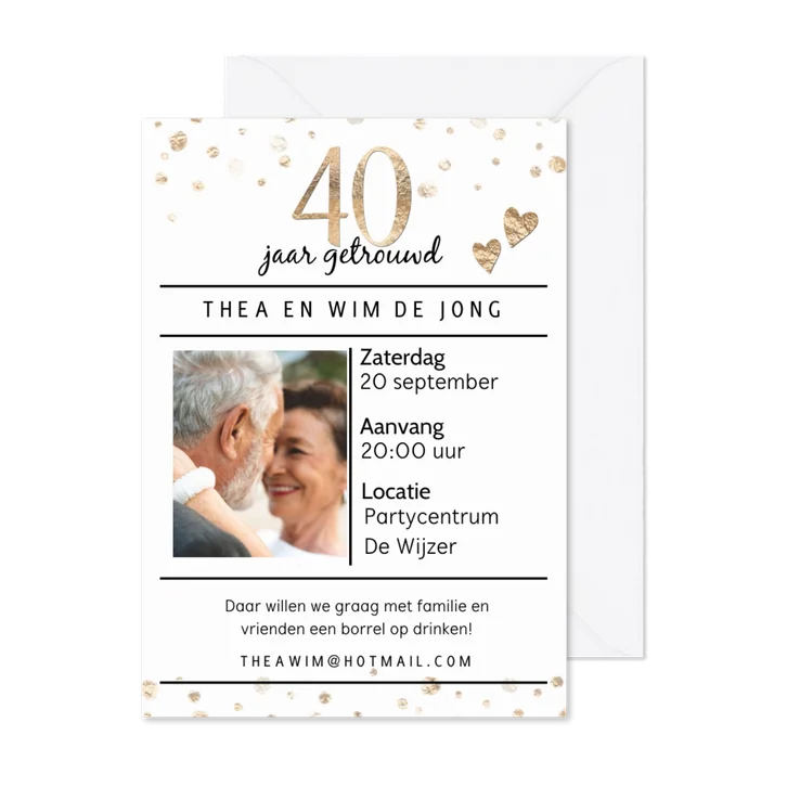 Uitnodiging 40 confetti goud look footo
