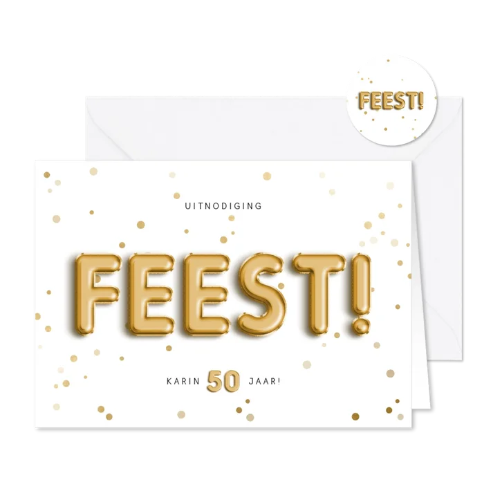Uitnodiging 50 feest folieballon met confetti aanpasbaar