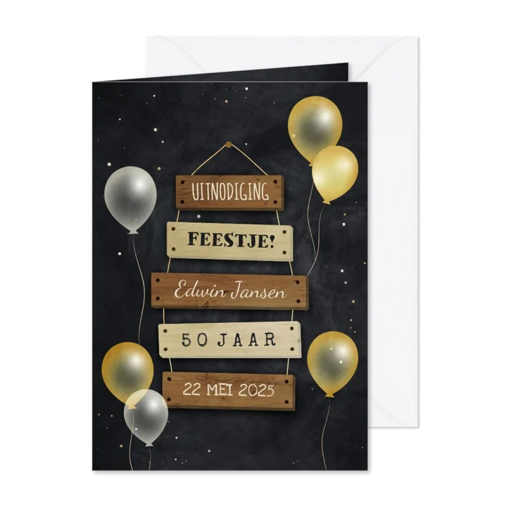Uitnodiging 50 jaar bordjes met feestelijke ballonnen