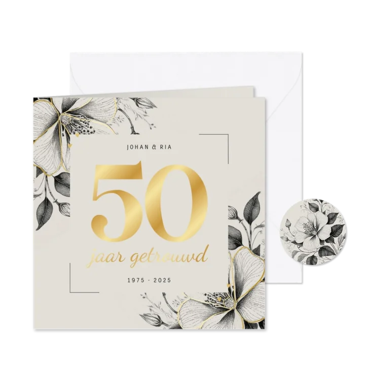 Uitnodiging 50 jaar getrouwd met bloemen en minihartjes goud