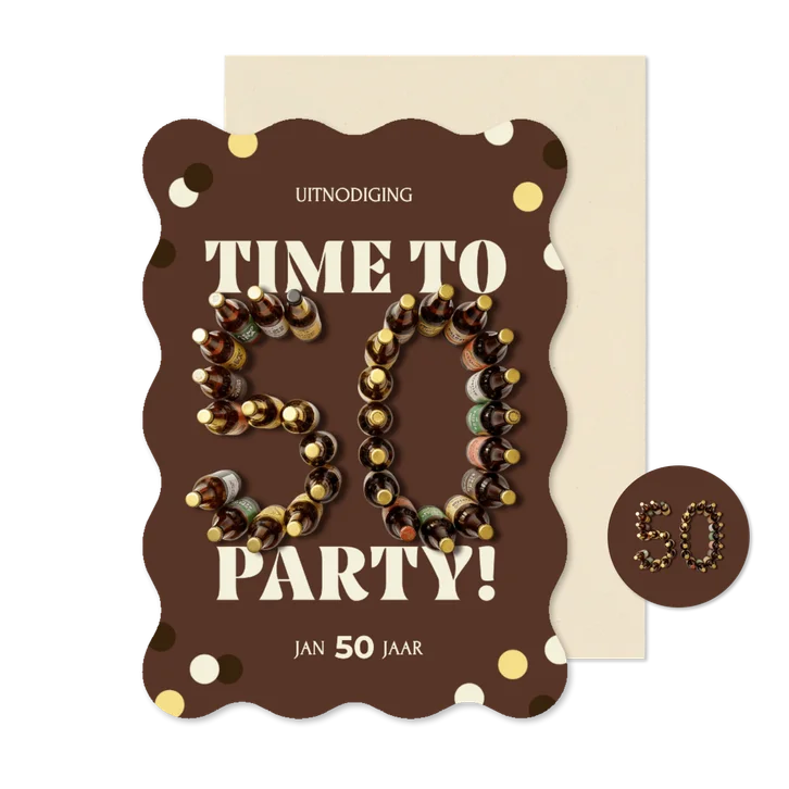 Uitnodiging 50 jaar met bierflesjes time to party!