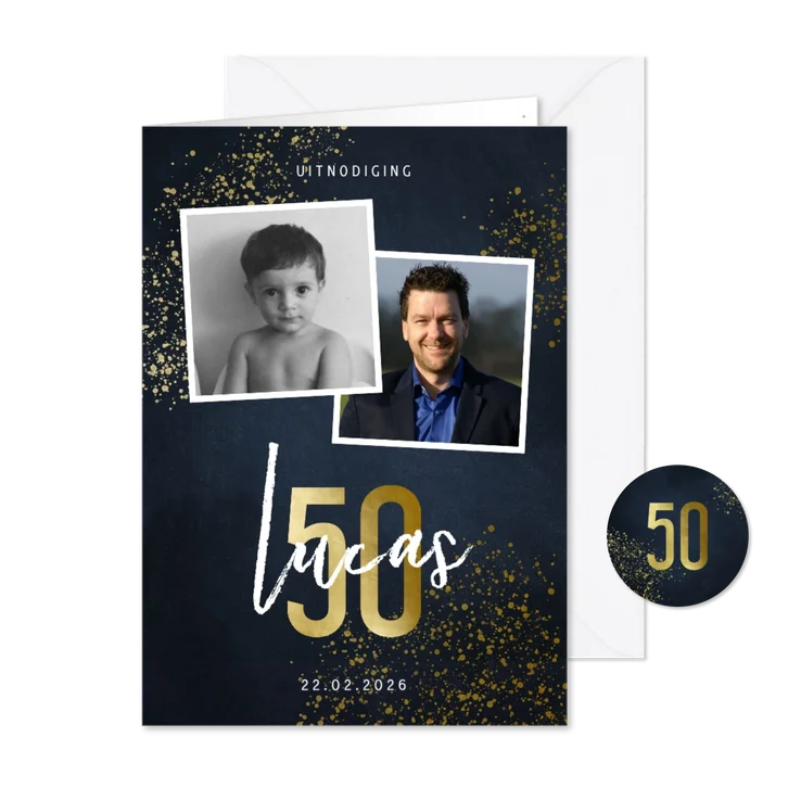 Uitnodiging 50 jaar stijlvol goudlook met foto en spetters