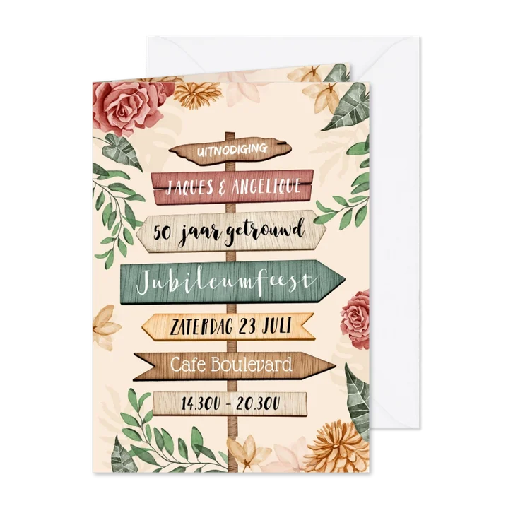 Uitnodiging 50 jarig jubileum wegwijzers en bloemen