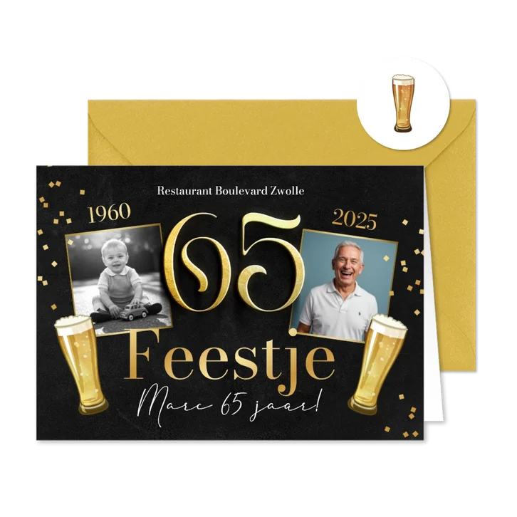 Uitnodiging 65 jaar man krijtbord bier confetti foto's goud