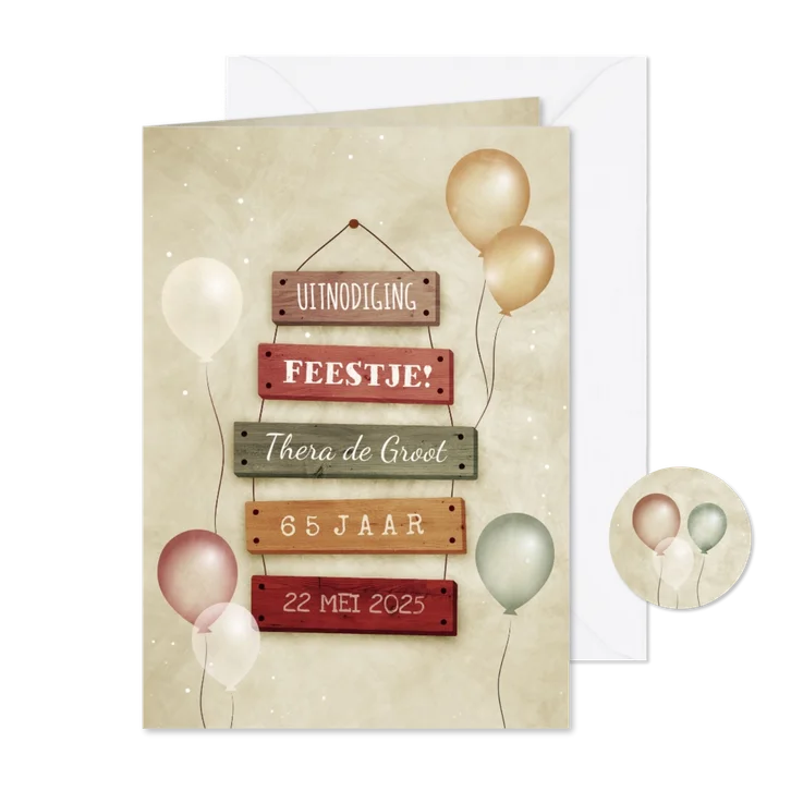 Uitnodiging 65 jaar met feestelijke ballonnen bordjes