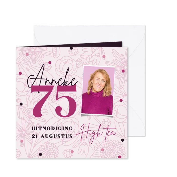 Uitnodiging 75 jaar met foto bloemen en confetti