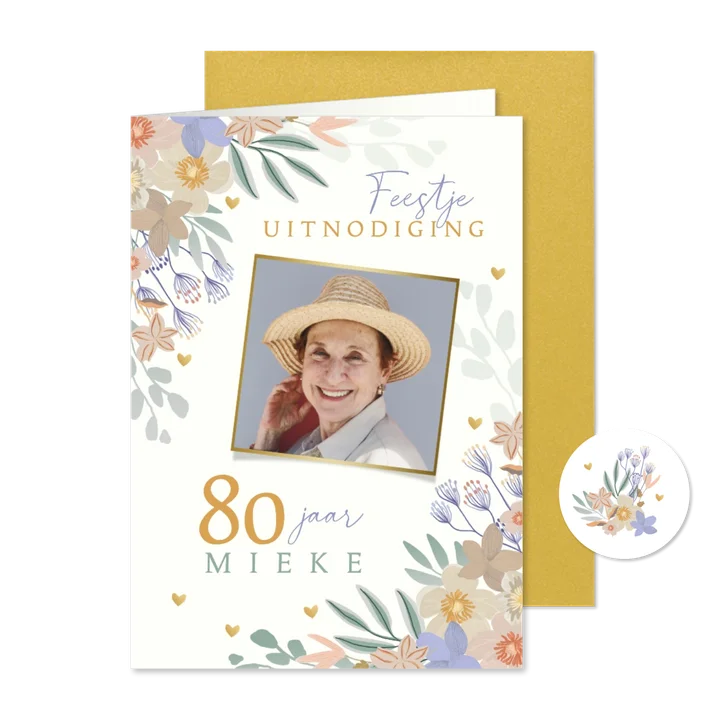 Uitnodiging 80 jaar bloemen en hartjes