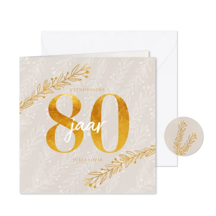 Uitnodiging 80 jaar in goud look en siertakjes