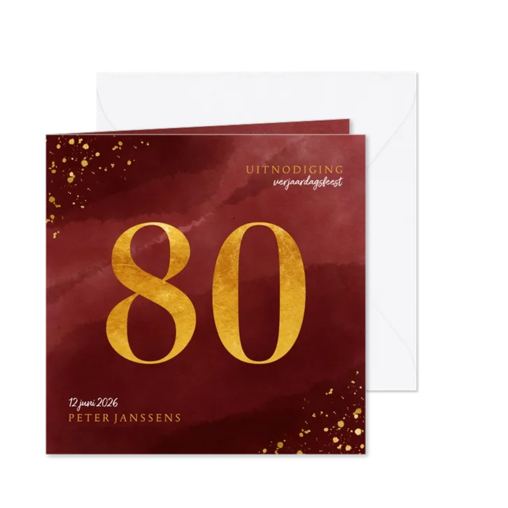 Uitnodiging 80 jaar in goudlook en bordeaux waterverf