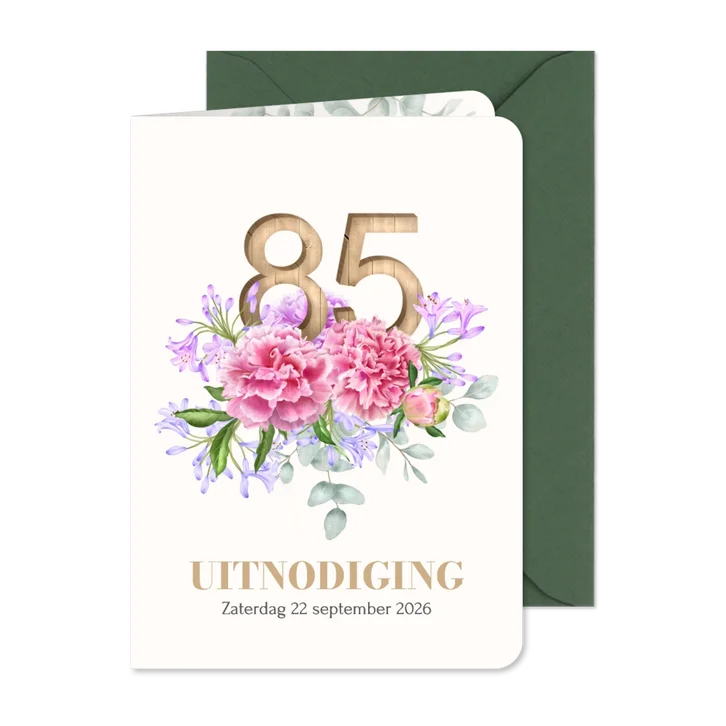 Uitnodiging 85 in hout met bloemen