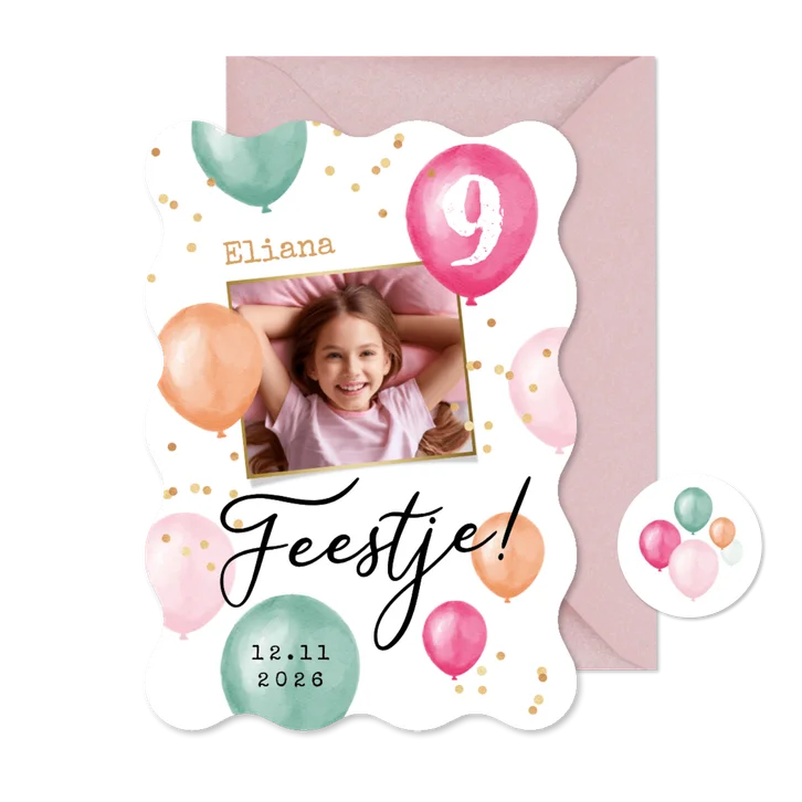 Uitnodiging 9 jaar meisje ballonnen confetti foto feest wave
