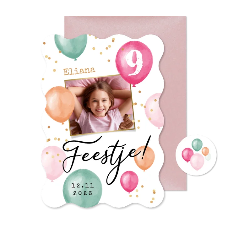 Uitnodiging 9 jaar meisje ballonnen confetti foto feest wave