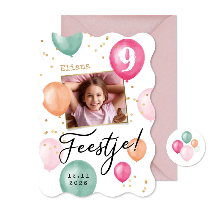 Uitnodiging 9 jaar meisje ballonnen confetti foto feest wave