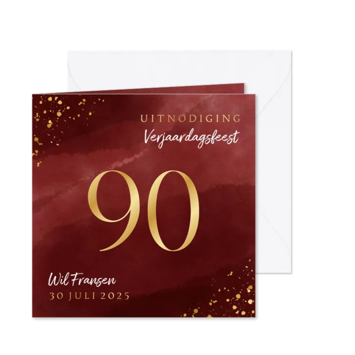 Uitnodiging 90 jaar gouden spetters op waterverf