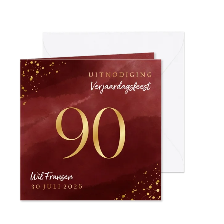 Uitnodiging 90 jaar gouden spetters op waterverf