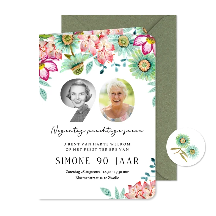 Uitnodiging 90 jaar met bloemen en foto collage