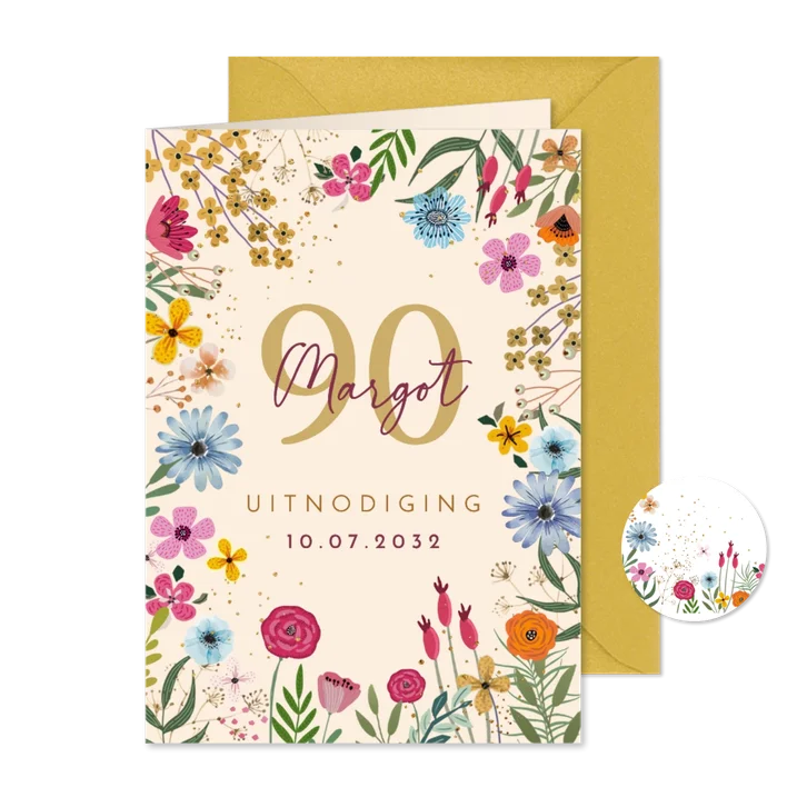 Uitnodiging 90 jarige verjaardag met bloemen